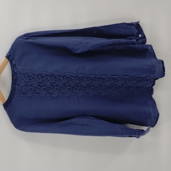 Chico's blue 100% linen w/sequin and brocade lace down back, button down size 3 - Picture 8 of 9